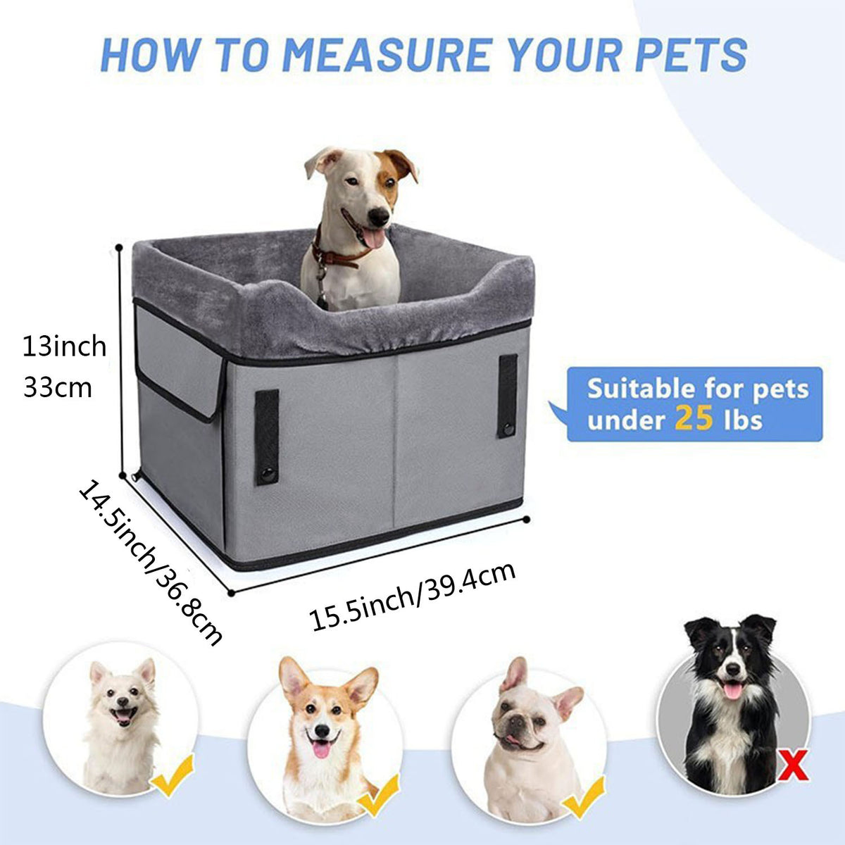 Black portable dog booster seat with plush liner, safety straps and storage pockets