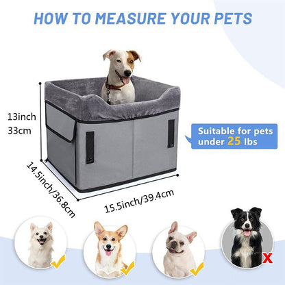 Black portable dog booster seat with plush liner, safety straps and storage pockets