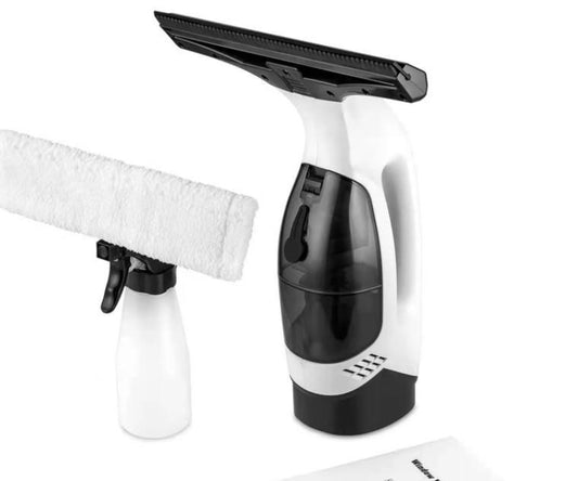 White cordless window vacuum cleaner kit with spray bottle and squeegee head