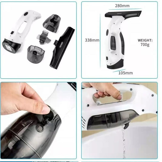 White cordless window vacuum cleaner kit with spray bottle and squeegee head