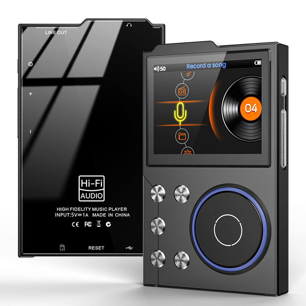 Black portable hi-res digital audio player with scroll wheel and screen