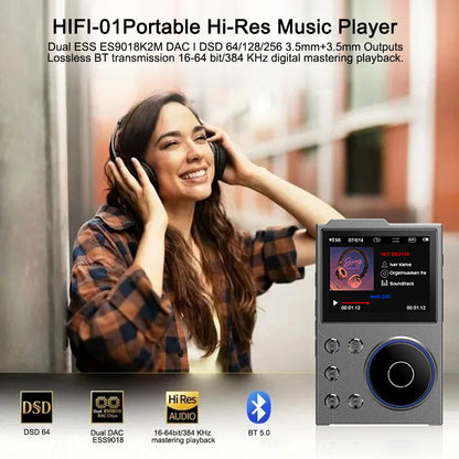 Black portable hi-res digital audio player with scroll wheel and screen