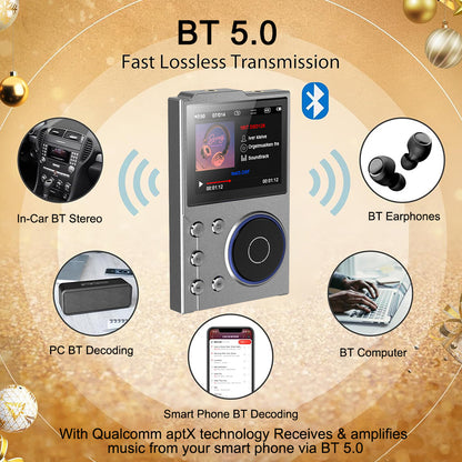 Black portable hi-res digital audio player with scroll wheel and screen