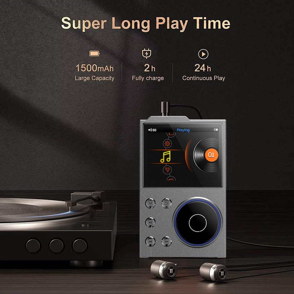 Black portable hi-res digital audio player with scroll wheel and screen
