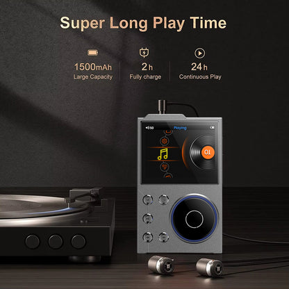 Black portable hi-res digital audio player with scroll wheel and screen