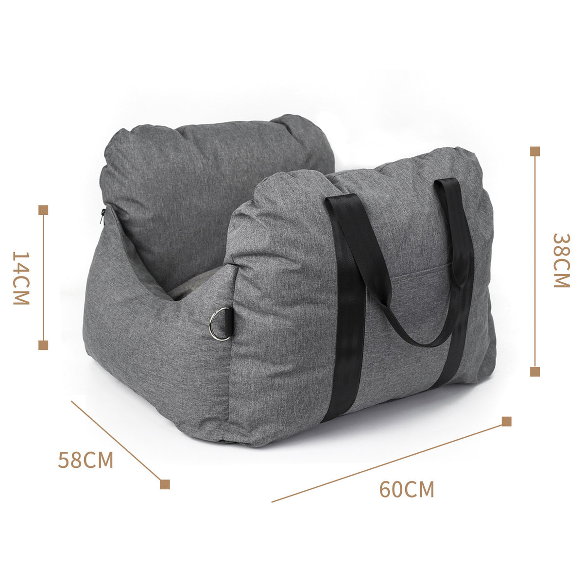 Grey pet car booster seat with raised sides on a car back seat