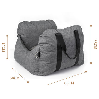 Grey pet car booster seat with raised sides on a car back seat