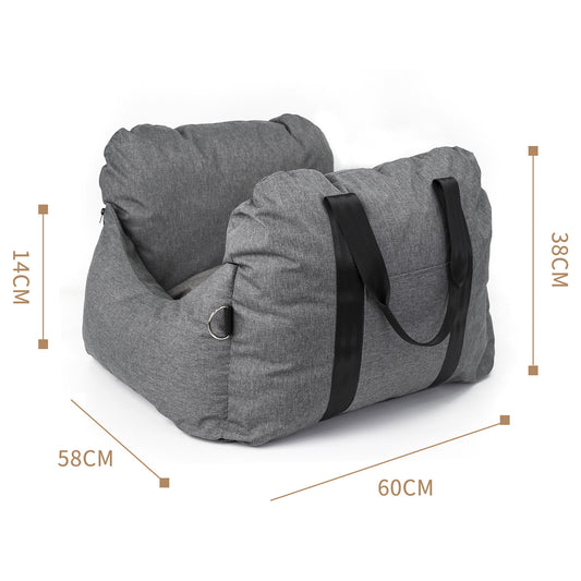 Grey pet car booster seat with raised sides on a car back seat