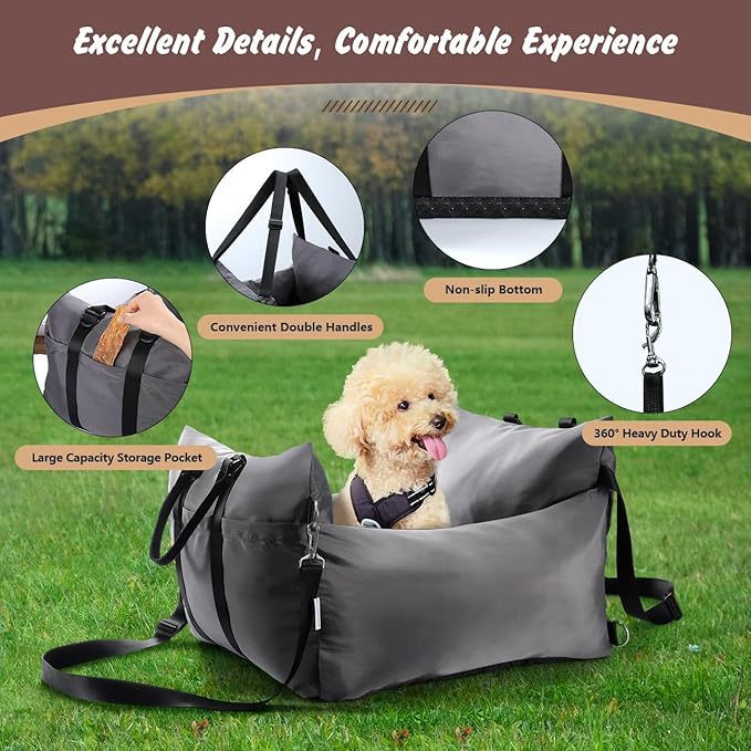Grey pet car booster seat with raised sides on a car back seat