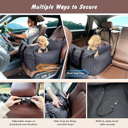 Grey pet car booster seat with raised sides on a car back seat