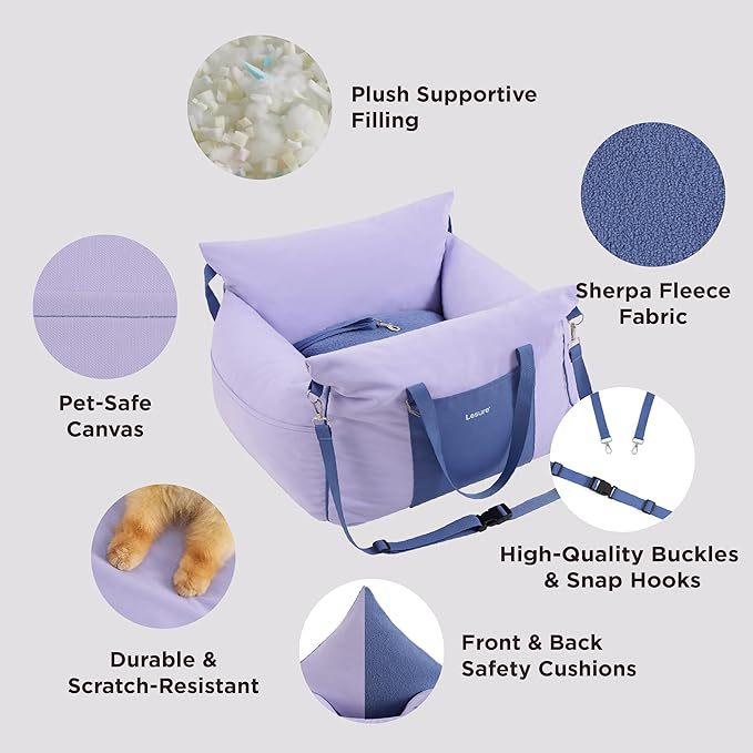 Grey pet car booster seat with raised sides on a car back seat