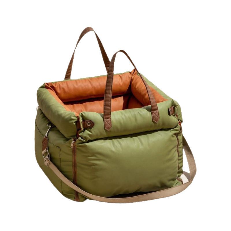 Green and orange plush pet booster car seat with non-slip base and side pocket