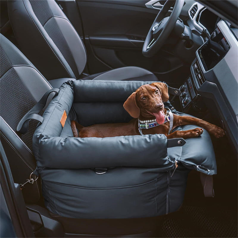 Dark blue plush pet booster seat with high sides, straps and a side pocket