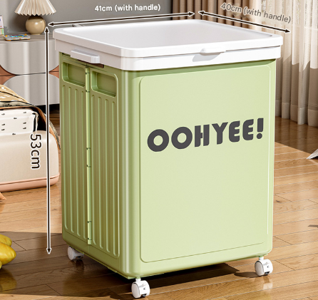 Light green foldable storage box with lid, side handles and four wheels