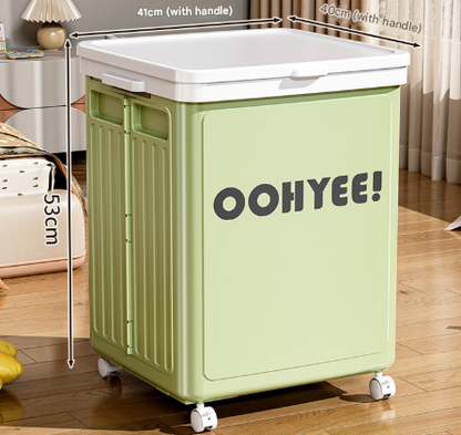 Light green foldable storage box with lid, side handles and four wheels