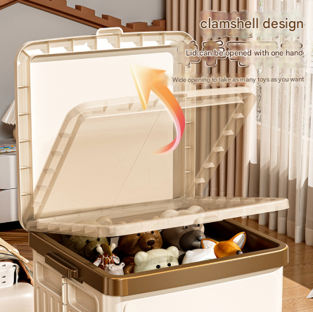 Light green foldable storage box with lid, side handles and four wheels