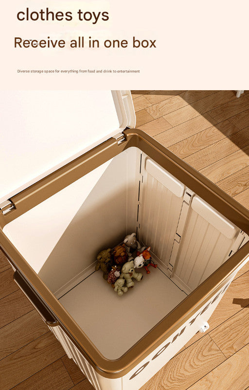 Light green foldable storage box with lid, side handles and four wheels