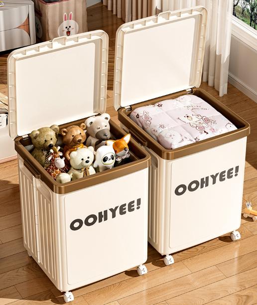 Light green foldable storage box with lid, side handles and four wheels