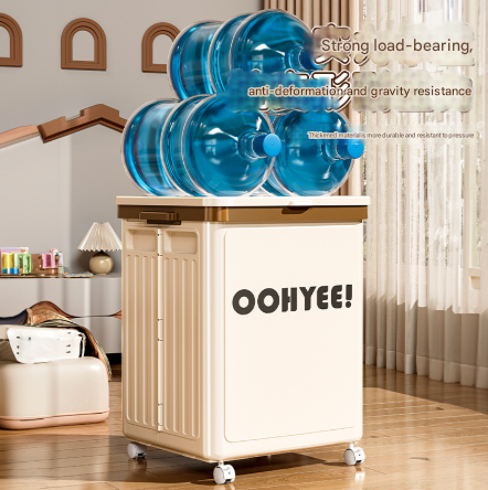 Light green foldable storage box with lid, side handles and four wheels