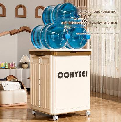 Light green foldable storage box with lid, side handles and four wheels
