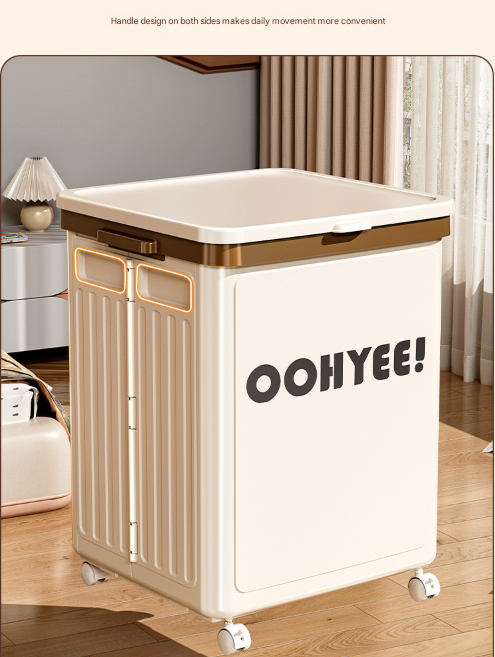 Light green foldable storage box with lid, side handles and four wheels