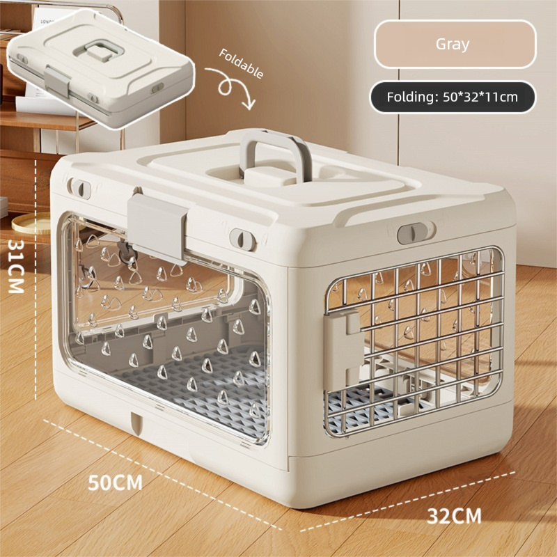 Grey foldable pet carrier crate with metal grid door and side ventilation windows