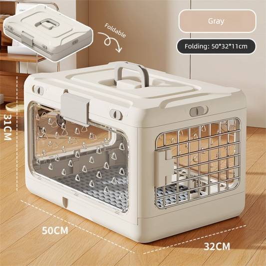 Grey foldable pet carrier crate with metal grid door and side ventilation windows