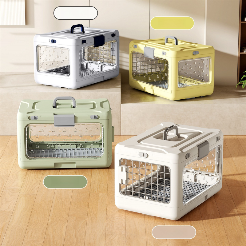 Grey foldable pet carrier crate with metal grid door and side ventilation windows