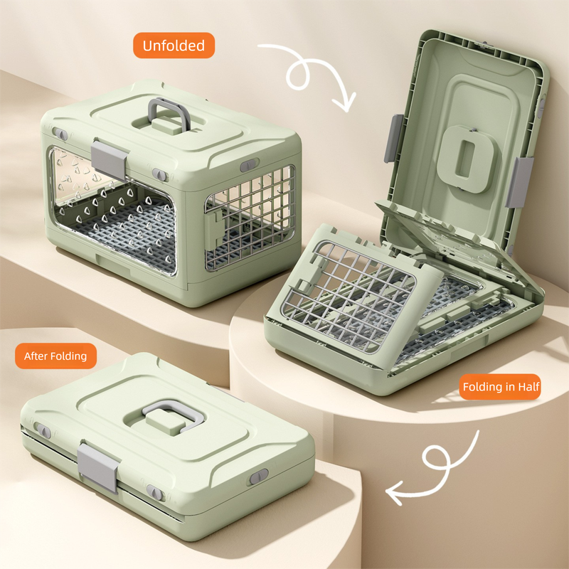 Grey foldable pet carrier crate with metal grid door and side ventilation windows