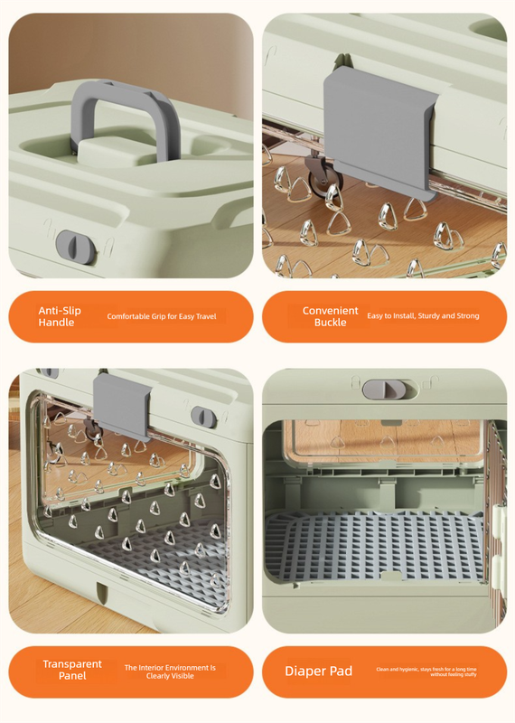 Grey foldable pet carrier crate with metal grid door and side ventilation windows