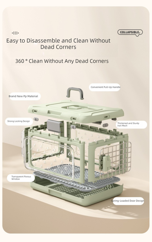 Grey foldable pet carrier crate with metal grid door and side ventilation windows