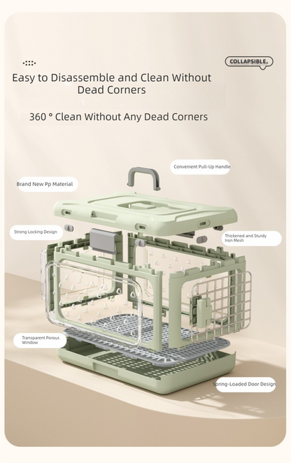 Grey foldable pet carrier crate with metal grid door and side ventilation windows