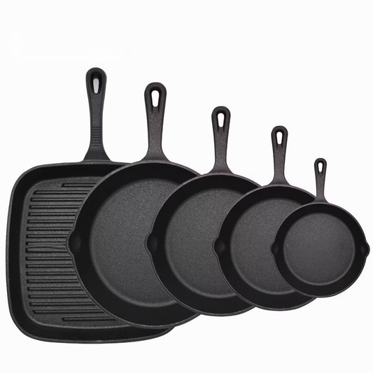 Heavy duty cast iron skillet and grill pan set with vintage-style finish