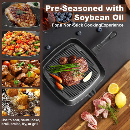 Heavy duty cast iron skillet and grill pan set with vintage-style finish