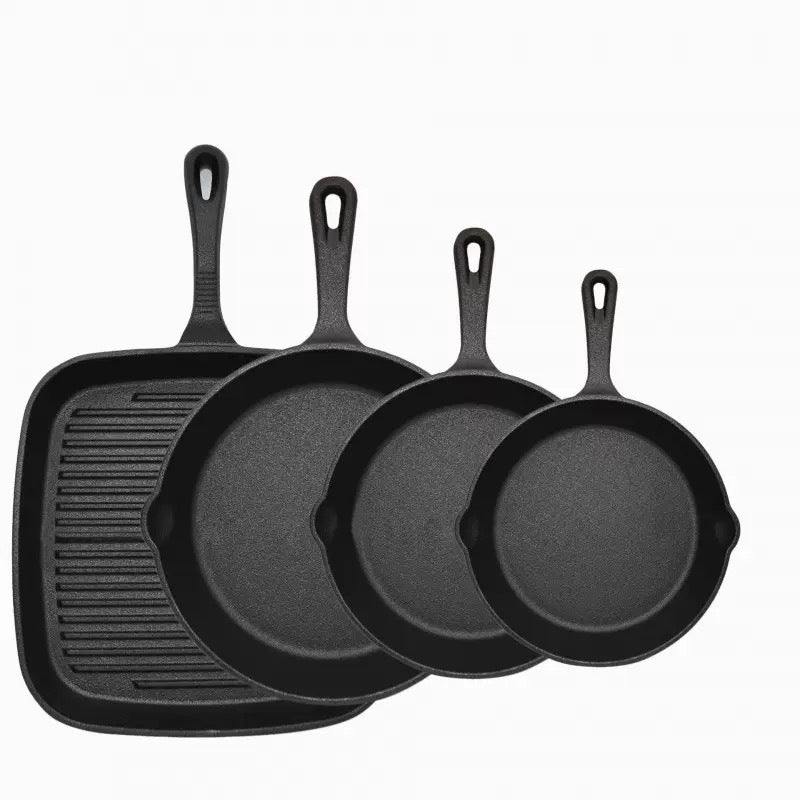 Heavy duty cast iron skillet and ribbed grill pan set with vintage style