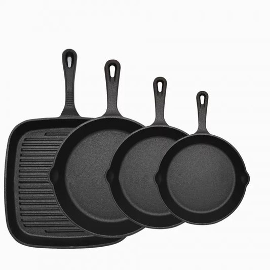 Heavy duty cast iron skillet and ribbed grill pan set with vintage style