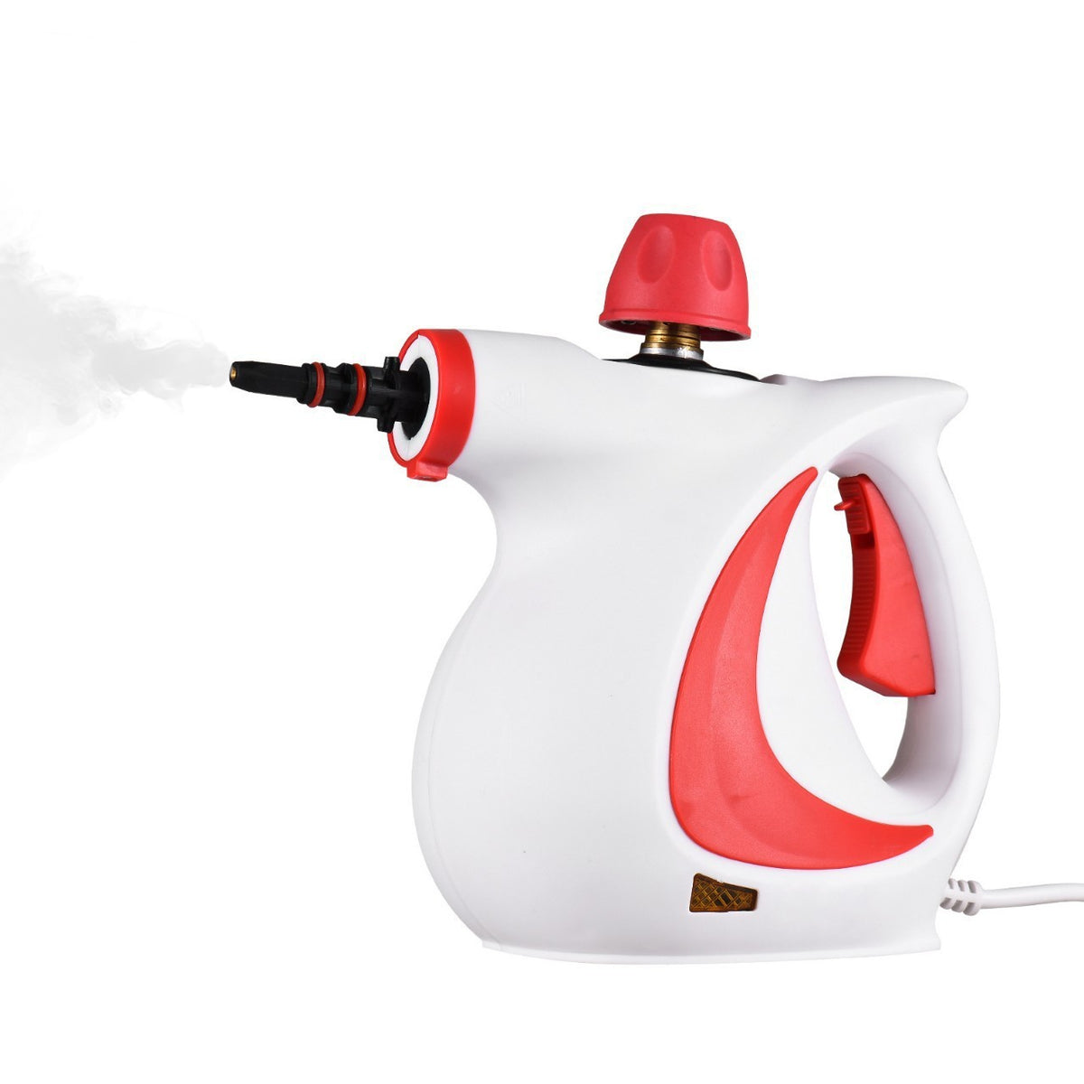 Pink handheld steam cleaner with accessory set cleaning a range hood