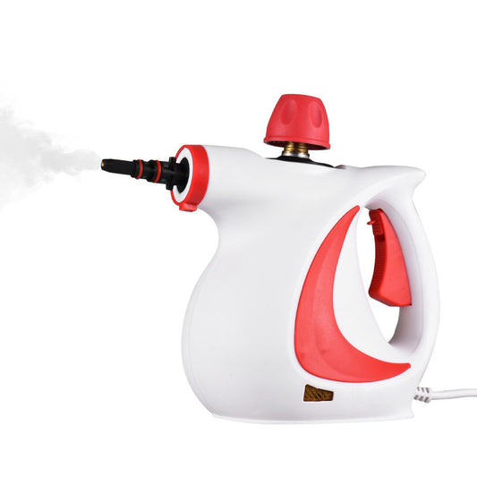 Pink handheld steam cleaner with accessory set cleaning a range hood