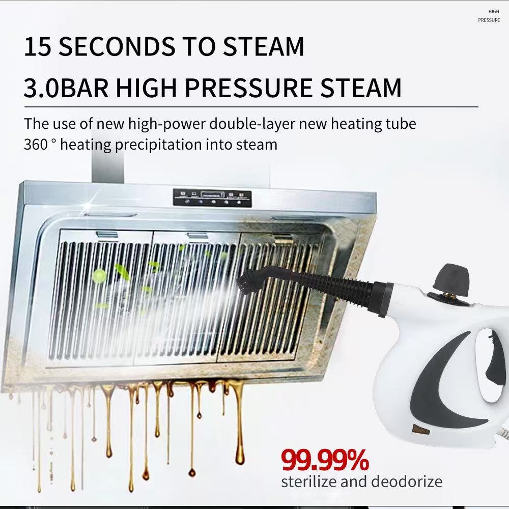 Pink handheld steam cleaner with accessory set cleaning a range hood