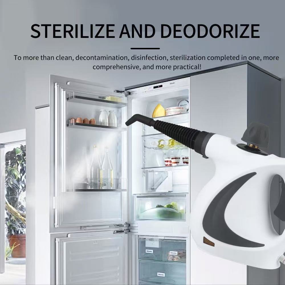 Pink handheld steam cleaner with accessory set cleaning a range hood