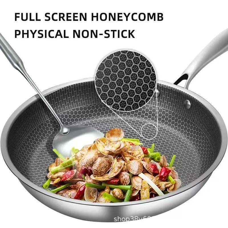 28cm stainless steel frying pan with honeycomb surface and glass lid