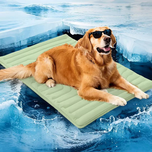 Extra large reversible dog cooling mat in grey laid on a hard floor