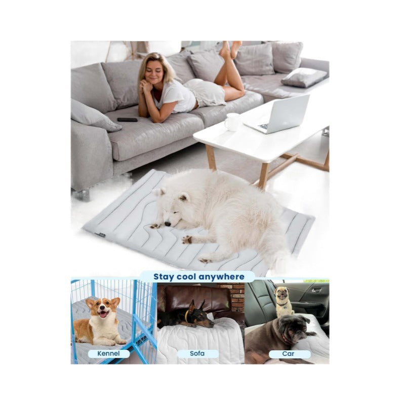 Extra large reversible dog cooling mat in grey laid on a hard floor