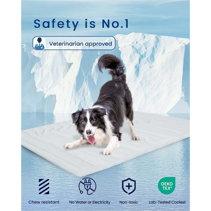 Extra large reversible dog cooling mat in grey laid on a hard floor