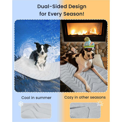 Extra large reversible dog cooling mat in grey laid on a hard floor
