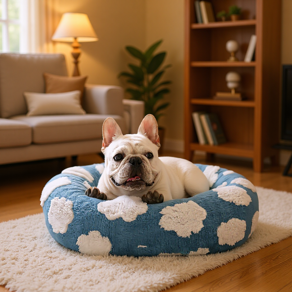 Blue round plush pet bed with white cloud pattern and raised rim