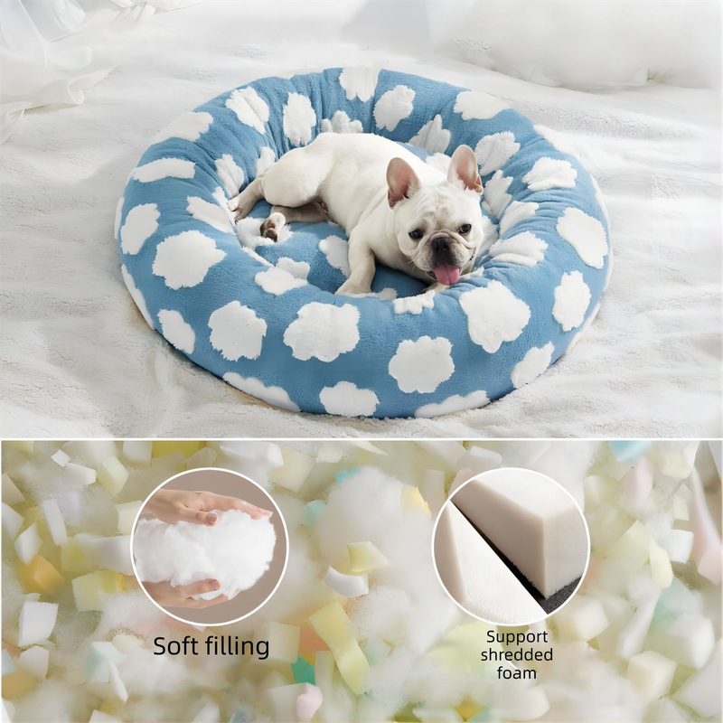 Blue round plush pet bed with white cloud pattern and raised rim