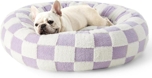 Purple and white checkerboard round donut pet bed with raised rim for small dogs and cats