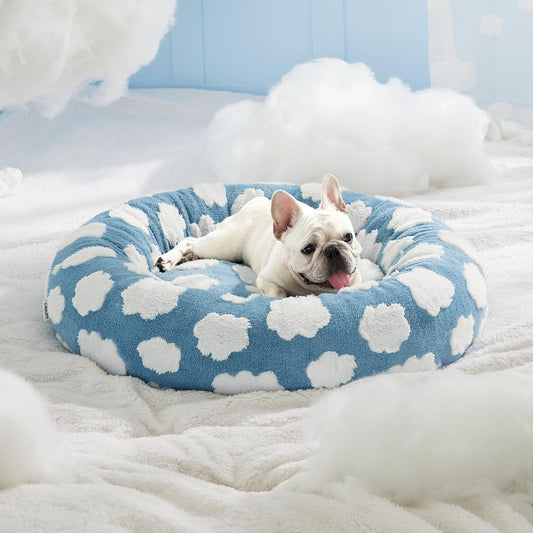 Purple and white checkerboard round donut pet bed with raised rim for small dogs and cats