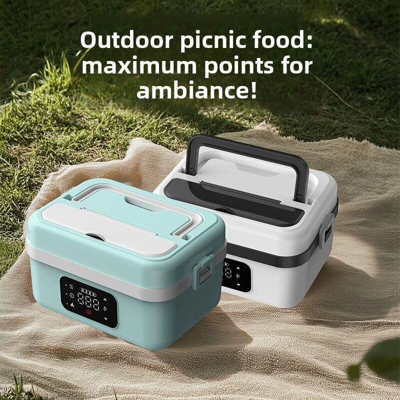 Black and blue 1L wireless waterless heated lunch box with stainless steel liner